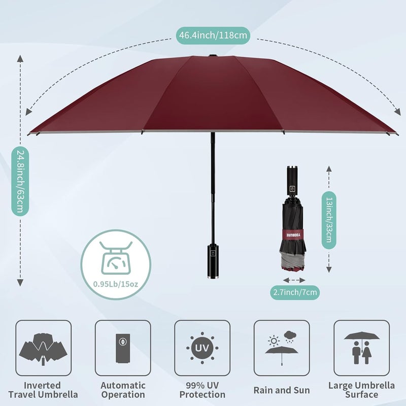Yoobure Inverted Windproof Travel Umbrella - Automatic Umbrellas for Rain, Compact Folding with Reflective Stripe, Portable Large for Backpack, Lightweight with Sun UV Protection - Image 2